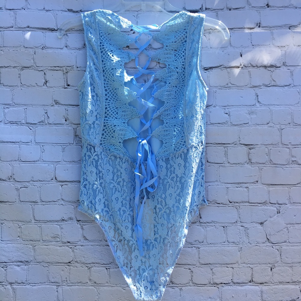 SENSEMILL Blue Floral Lace Ribbon Bodysuit NWT - Picture 5 of 7